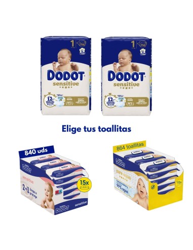 Pack Dodot 2 cajas talla 1 de 232uds sensitive + Elige 2 cajas toallitas Dodot