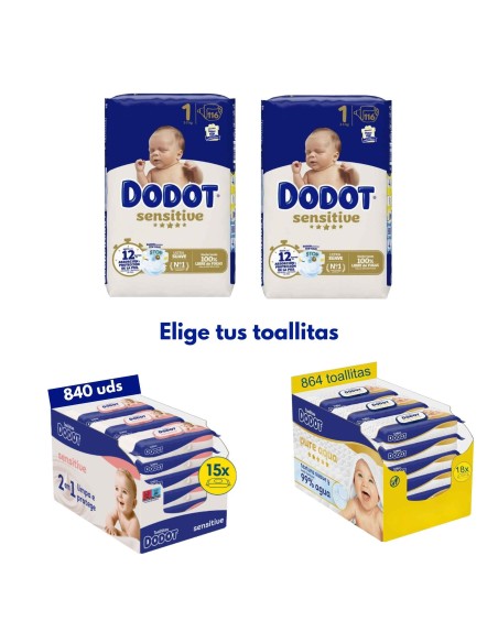 Pack Dodot 2 cajas talla 1 de 232uds sensitive + Elige 2 cajas toallitas Dodot