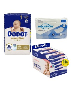 Pack Dodot talla 1 con 116uds + toallitas sensitive + empapadores 40x60cm