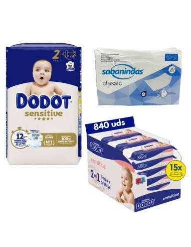 Pack Dodot talla 2 con 174uds + toallitas sensitive + empapadores 40x60cm sabanindas