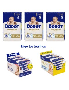 Pack Dodot 3 Cajas Talla 1 Sensitive total 348uds + Elige toallitas Dodot