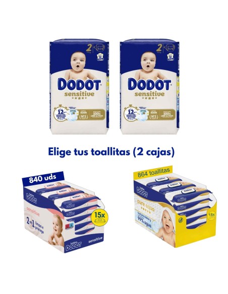Pack Dodot 2 cajas talla 2 de 348uds sensitive + Elige 2 cajas toallitas Dodot