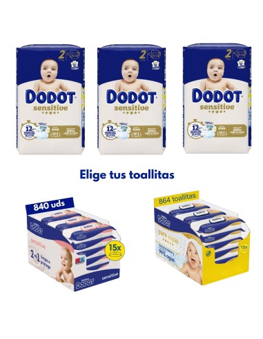 Pack Dodot 3 Cajas Talla 2 Sensitive 522uds + Elige tus Toallitas dodot