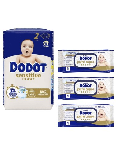 Pack Dodot Sensitive Talla 2 174 uds + Toallitas Dodot Aqua Pure 144 uds (cuidado completo del bebé)