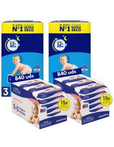 Pack Dodot 2 cajas talla 3 con 372uds bebe seco + 2 cajas toallitas sensitive 840uds