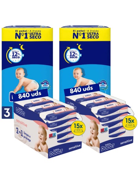 Pack Dodot 2 cajas talla 3 con 372uds bebe seco + 2 cajas toallitas sensitive 840uds