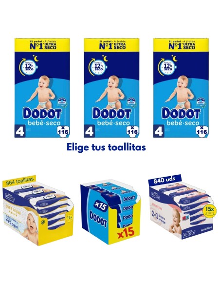 Pack Dodot 3 cajas talla 4 348uds bebe seco + Toallitas Dodot a elegir