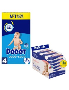 Pack Dodot Bebé-Seco Talla 4 116 uds + Toallitas Dodot a elegir (protección y cuidado completo)