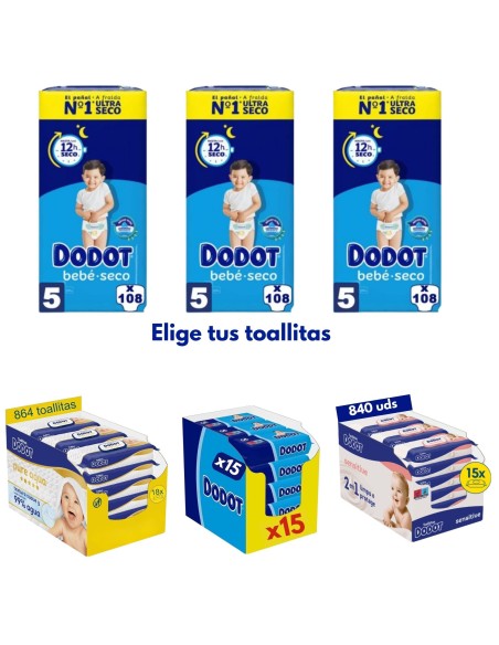 Pack Dodot 3 cajas talla 5 324uds bebe seco + Toallitas Dodot a elegir