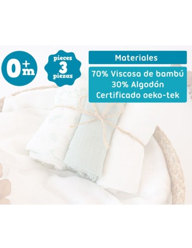 Set de 3 muselinas ver bambú 70x70 cm Kiokids