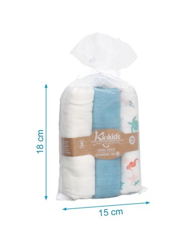 Set de 3 muselinas ver bambú azul 70x70 cm Kiokids