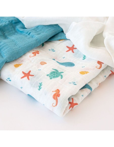 Set de 3 muselinas ver bambú azul 70x70 cm Kiokids