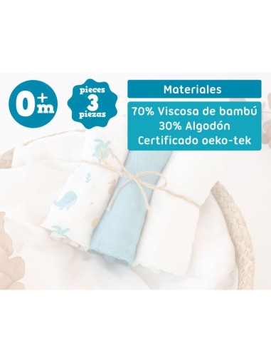 Set de 3 muselinas ver bambú azul 70x70 cm Kiokids