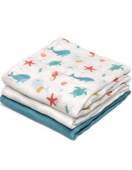 Set de 3 muselinas ver bambú azul 70x70 cm Kiokids