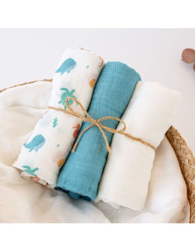 Set de 3 muselinas ver bambú azul 70x70 cm Kiokids