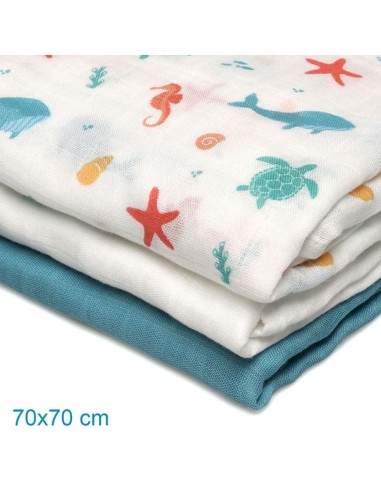 Set de 3 muselinas ver bambú azul 70x70 cm Kiokids