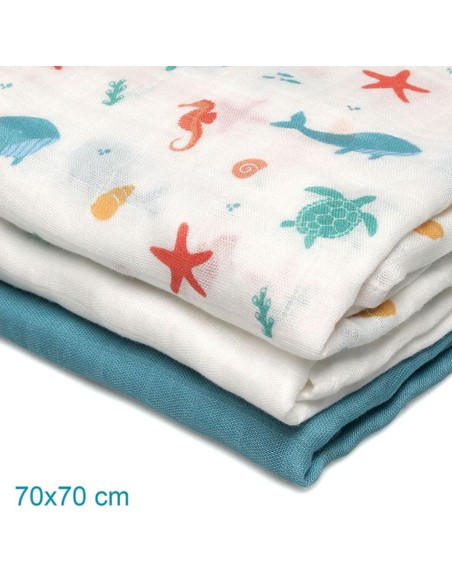 Set de 3 muselinas ver bambú azul 70x70 cm Kiokids