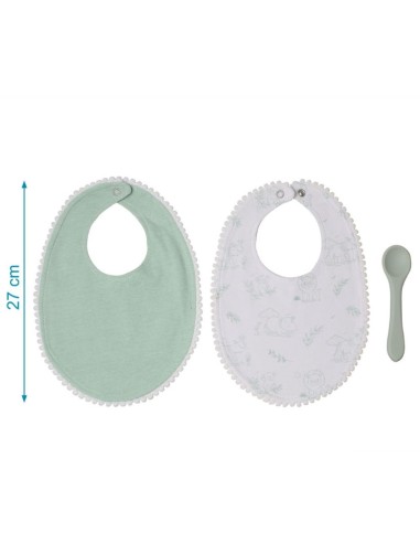 Set 2 Baberos + Cuchara Kiokids verde +0M – Alimentación Bebé