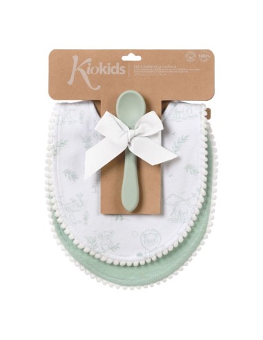 Set 2 Baberos + Cuchara Kiokids verde +0M – Alimentación Bebé