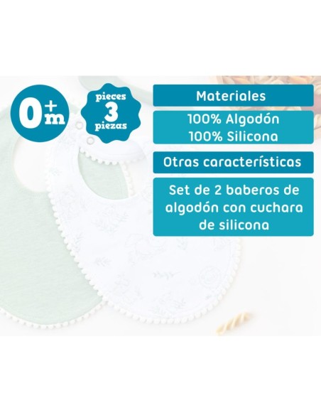 Set 2 Baberos + Cuchara Kiokids verde +0M – Alimentación Bebé