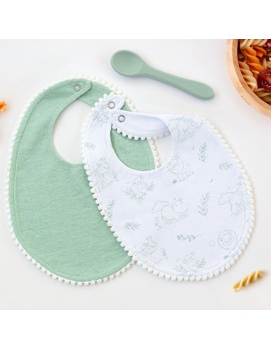 Set 2 Baberos + Cuchara Kiokids verde +0M – Alimentación Bebé