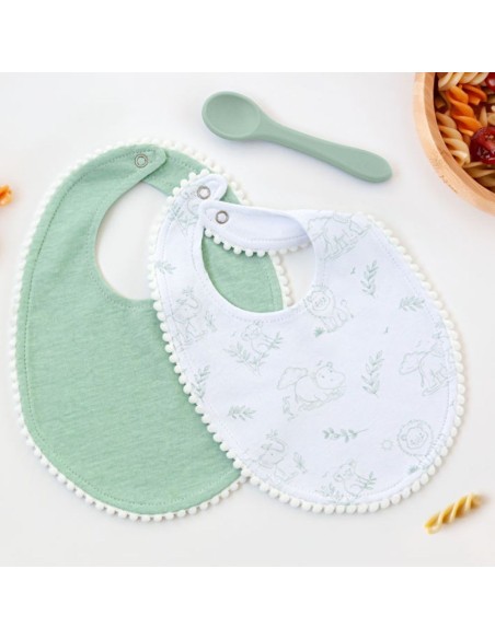 Set 2 Baberos + Cuchara Kiokids verde +0M – Alimentación Bebé