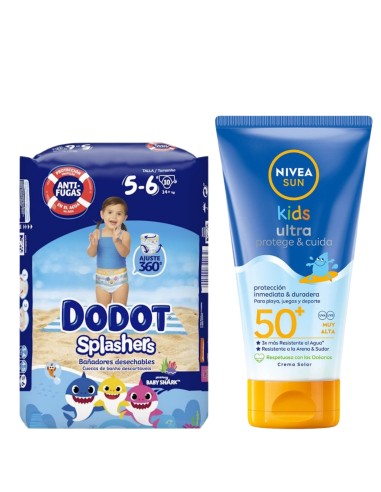 Pack Pañales de Agua Dodot Splashers + Protector solar Ultra Protege & Cuida 150 ml Nivea