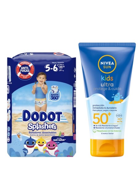 Pack Pañales de Agua Dodot Splashers + Protector solar Ultra Protege & Cuida 150 ml Nivea
