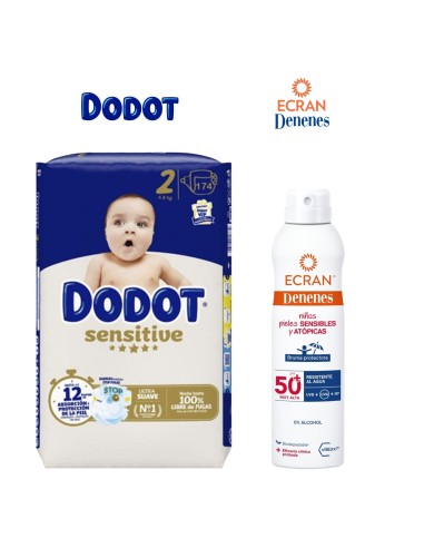 Pack protector solar spray SPF50 Ecran Denenes 250ml + caja Dodot a elegir talla