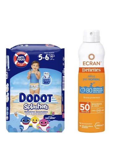 Pack Pañales de Agua Dodot Splashers + Protector solar spray SPF50 Piel Normal 250ml Ecran Denenes