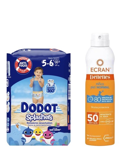 Pack Pañales de Agua Dodot Splashers + Protector solar spray SPF50 Piel Normal 250ml Ecran Denenes