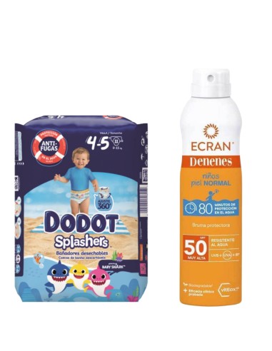 Pack Pañales de Agua Dodot Splashers + Protector solar spray SPF50 Piel Normal 250ml Ecran Denenes