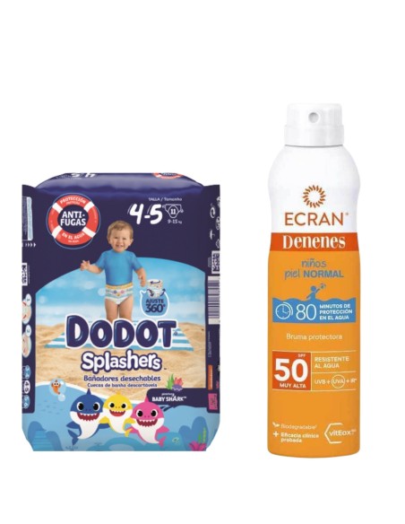 Pack Pañales de Agua Dodot Splashers + Protector solar spray SPF50 Piel Normal 250ml Ecran Denenes