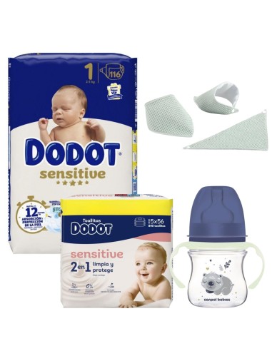 Pack recién nacido Dodot Talla 1 116 uds + 15 Toallitas Sensitive + Bandana Koku Baby + Biberón Tigex 150ml 0-6M