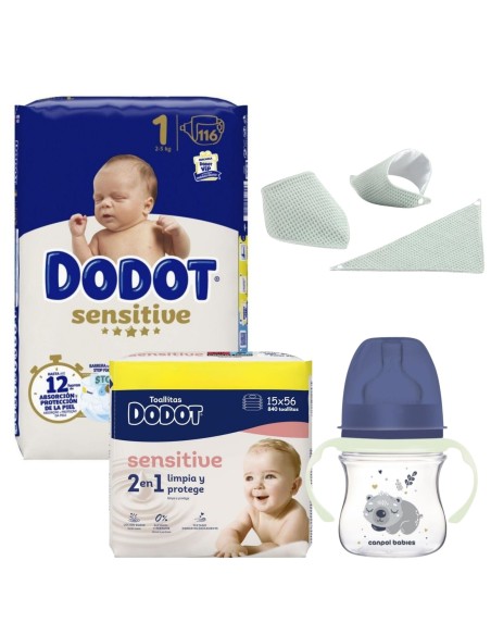 Pack recién nacido Dodot Talla 1 116 uds + 15 Toallitas Sensitive + Bandana Koku Baby + Biberón Tigex 150ml 0-6M