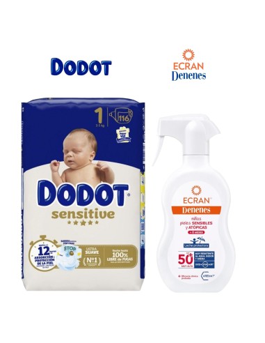 Pack protector solar leche SPF50 Ecran Denenes 250ml + caja Dodot a elegir talla