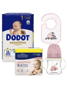 Pack recién nacido Dodot Talla 1 116 uds + 15 Toallitas Sensitive + Bandana Koku Baby + Biberón Tigex 150ml 0-6M