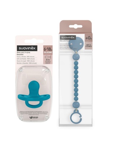 Pack chupete silicona Suavinex 6-18M + broche portachupete azul Selection