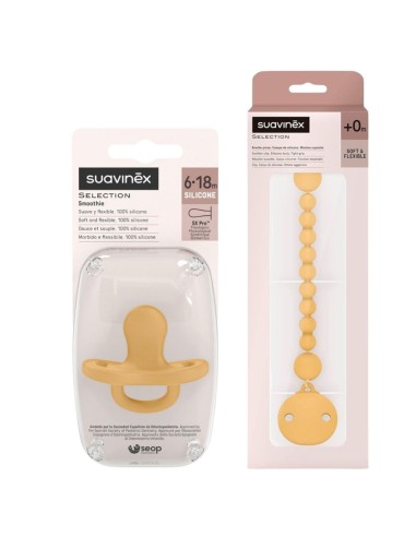 Pack chupete silicona Suavinex 6-18M + broche portachupete naranja Selection