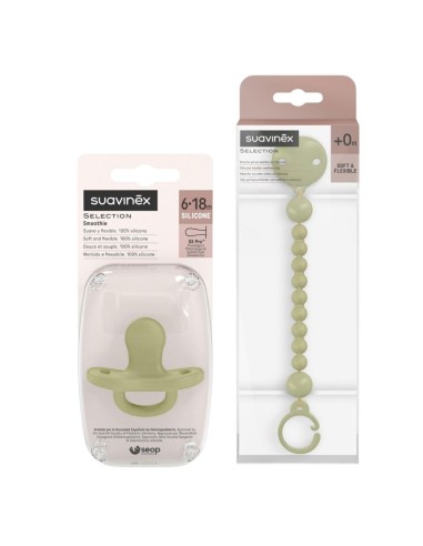 Pack chupete silicona Suavinex 6-18M + broche portachupete verde Selection