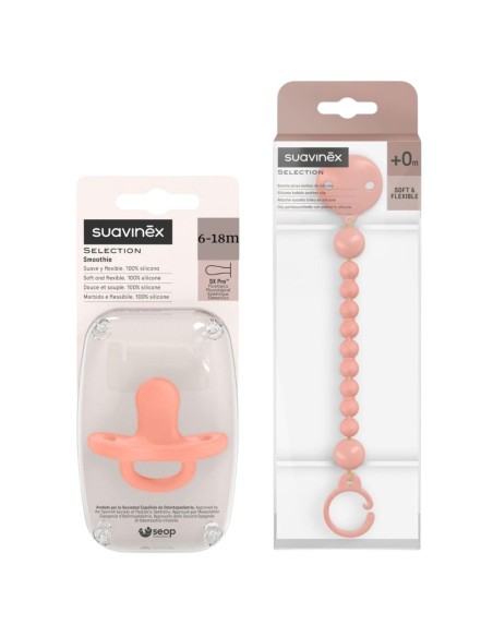 Pack chupete silicona Suavinex 6-18M + broche portachupete coral Selection