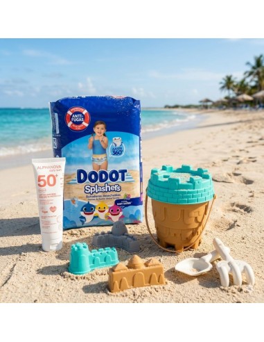 Pack Verano Dodot Splashers + Cubo de Playa Kiokids + Solar Bebé SPF50+ Alphanova