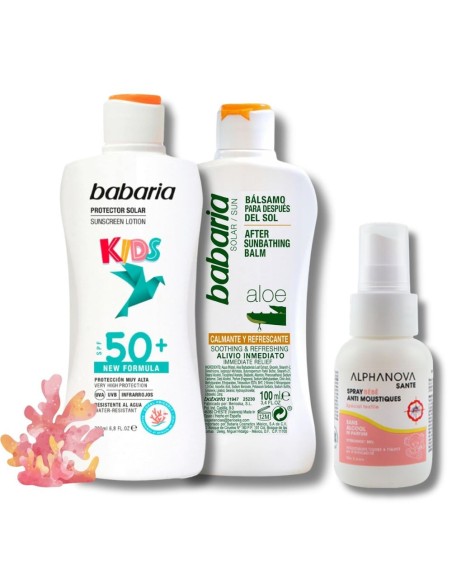 Pack Protección Solar Infantil Babaria SPF50 + Aftersun Aloe Vera + Spray Antimosquitos Bebé Alphanova