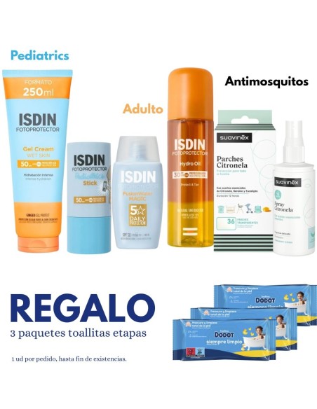 Pack Verano Familiar ISDIN SPF50 + Antimosquitos Suavinex Protección Completa