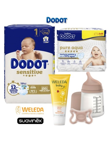 Pack Recién Nacido Dodot Sensitive Talla 1 + Biberón Zero Zero Suavinex + Weleda + Aqua Pure