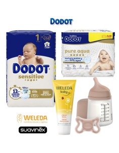 Pack Recién Nacido Dodot Sensitive Talla 1 + Biberón Zero Zero Suavinex + Weleda + Aqua Pure