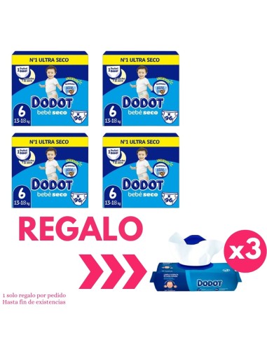 Pack Dodot 4 cajas Talla 6 Bebé‑Seco 384uds – Máxima absorción 12 h