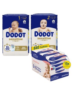 Pack Primeros Meses Dodot Sensitive Talla 1 + Talla 2 + Toallitas