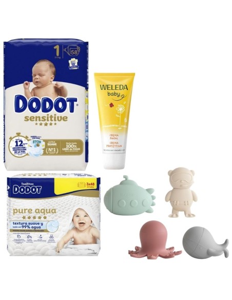 Pack Recién Nacido Personalizado - Pañales Dodot, Toallitas Aqua Pure, Crema Weleda y Juguete a Elegir