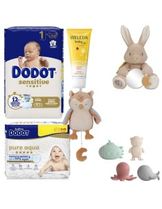 Pack Recién Nacido Personalizado - Pañales Dodot, Toallitas Aqua Pure, Crema Weleda y Juguete a Elegir